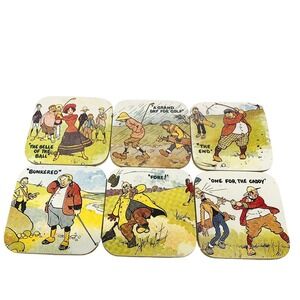 Cartoon Golfing Coasters‎ Tom Browne  Set of 6 Edwardian Scene Novelty  Gift